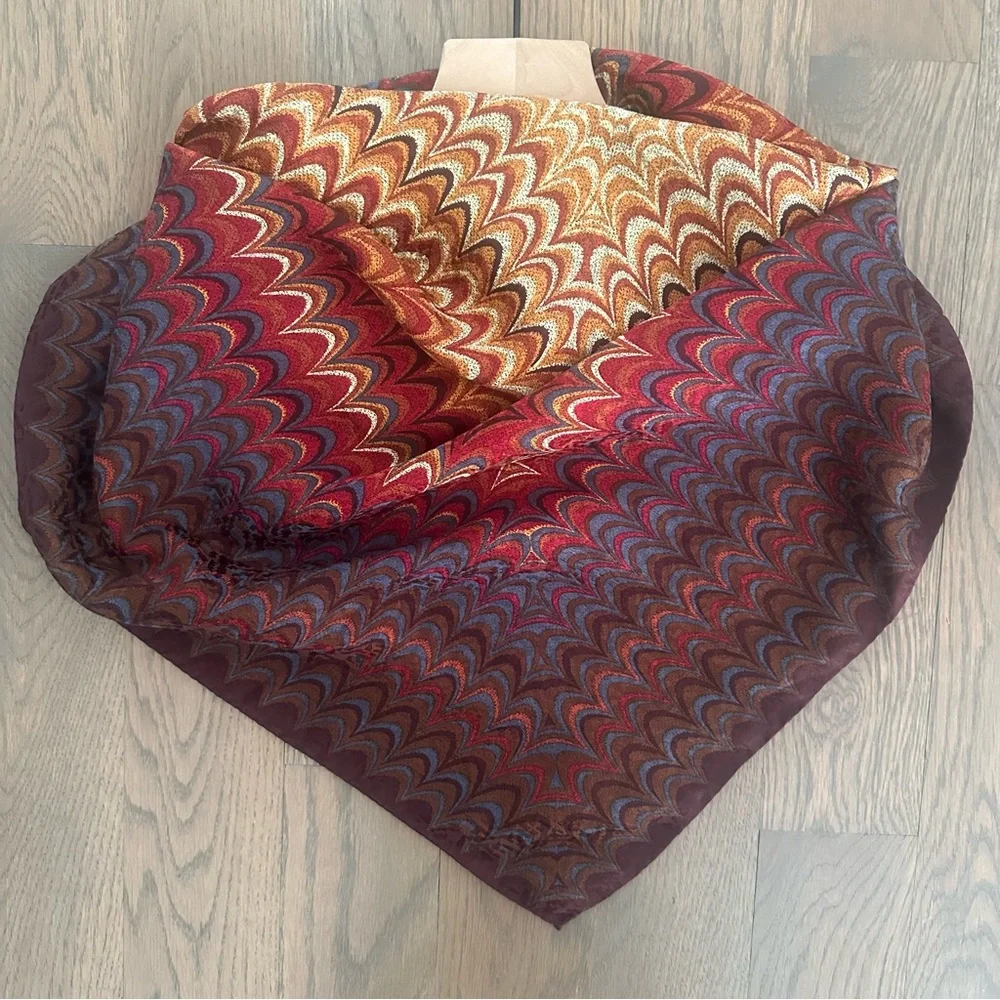 Vintage Missoni Marbled Silk Scarf in Red, Rust, Blue, Brown, Cream 33.5